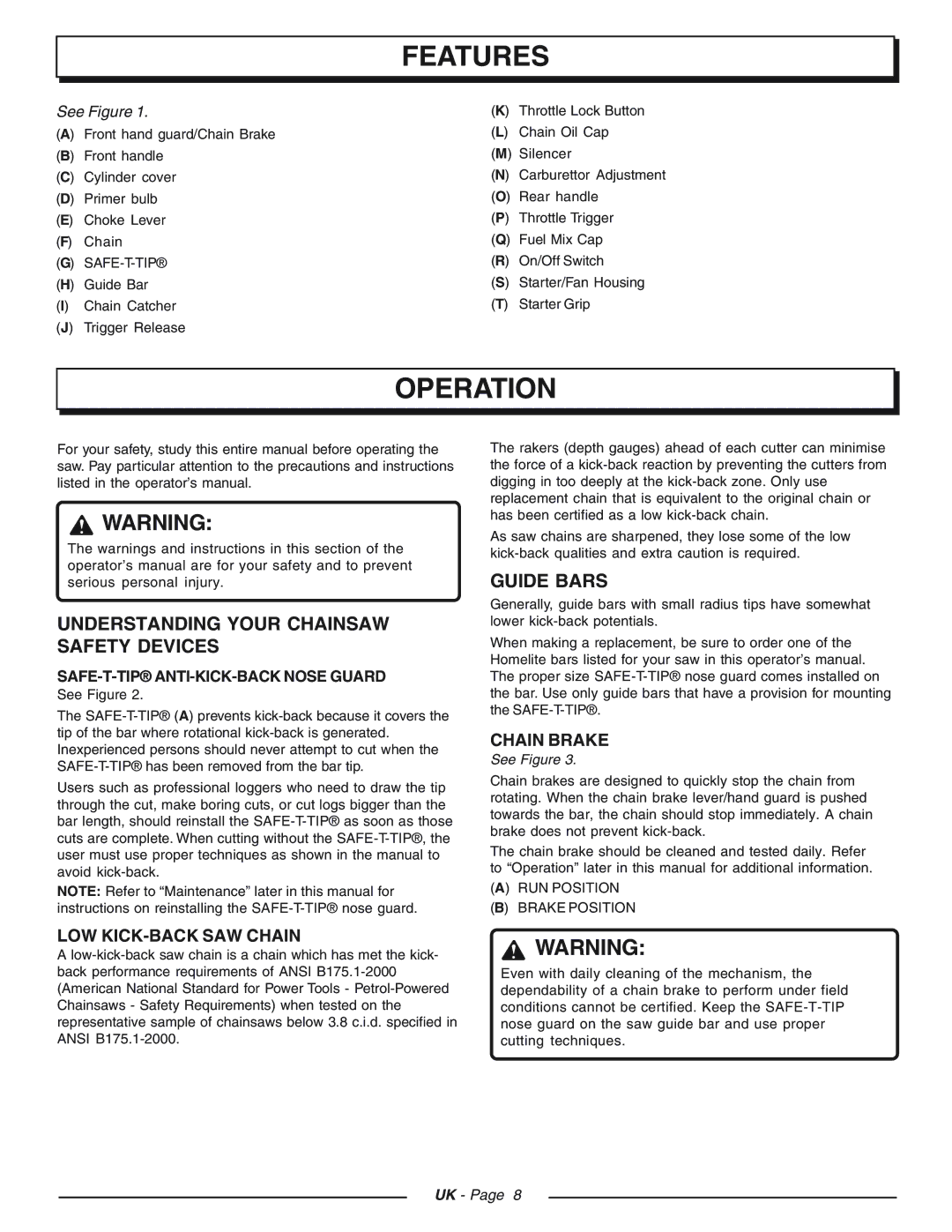 Homelite CSP3816 - UT74123D manual Features, Operation, Understanding Your Chainsaw Safety Devices, Guide Bars 