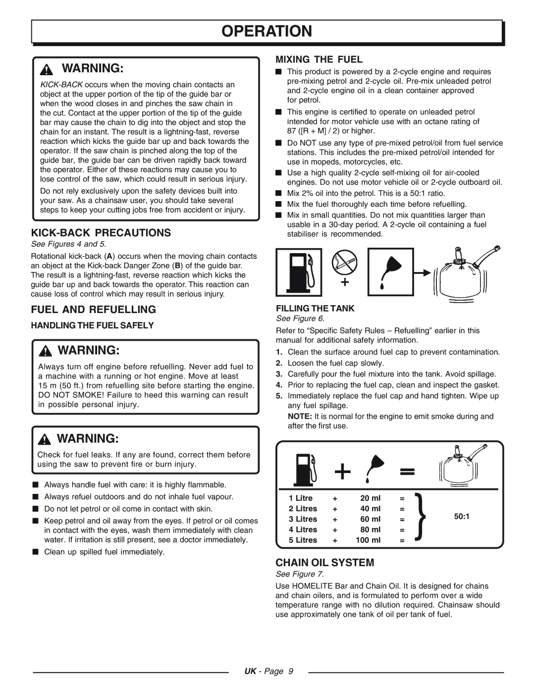 Homelite CSP4520 - UT74127D manual KICK-BACK Precautions, Fuel and Refuelling, Chain OIL System, Handling the Fuel Safely 