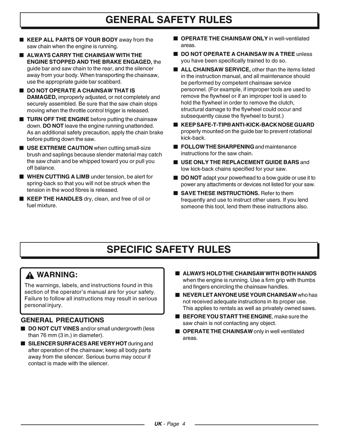 Homelite CSP4518 - UT74125D manual Specific Safety Rules, General Precautions, General Safety Rules, UK - Page 