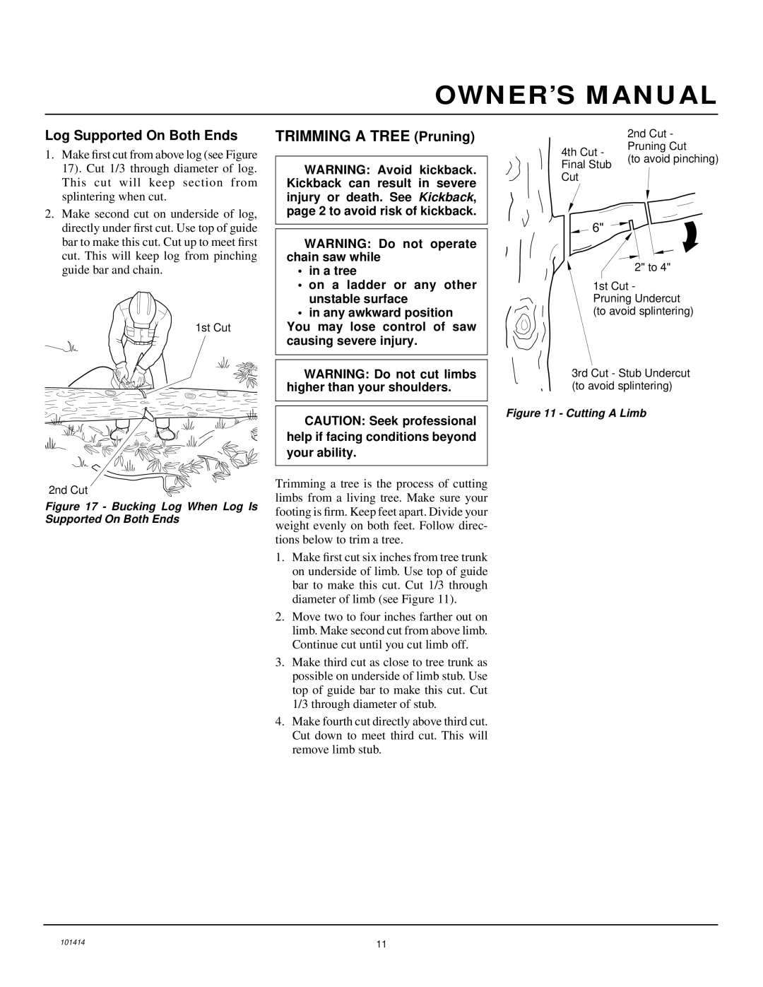 Homelite EL14 owner manual Trimming a Tree Pruning, Log Supported On Both Ends 