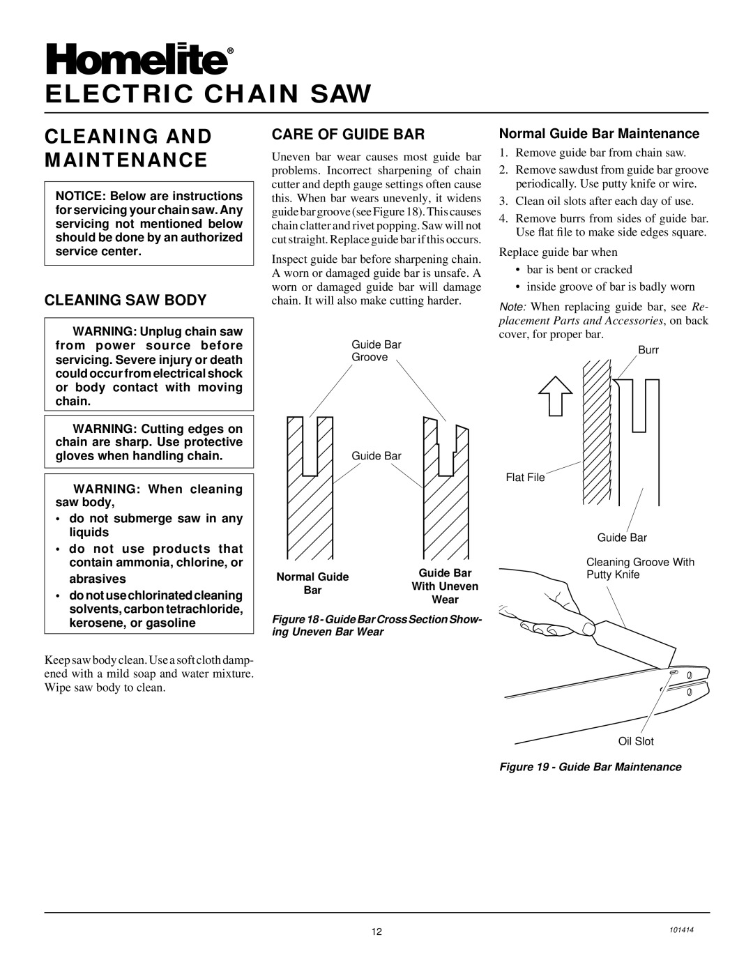 Homelite EL14 owner manual Cleaning and Maintenance, Cleaning SAW Body, Care of Guide BAR, Normal Guide Bar Maintenance 