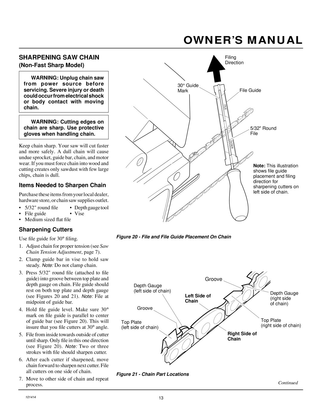 Homelite EL14 owner manual Sharpening SAW Chain, Non-Fast Sharp Model, Items Needed to Sharpen Chain, Sharpening Cutters 