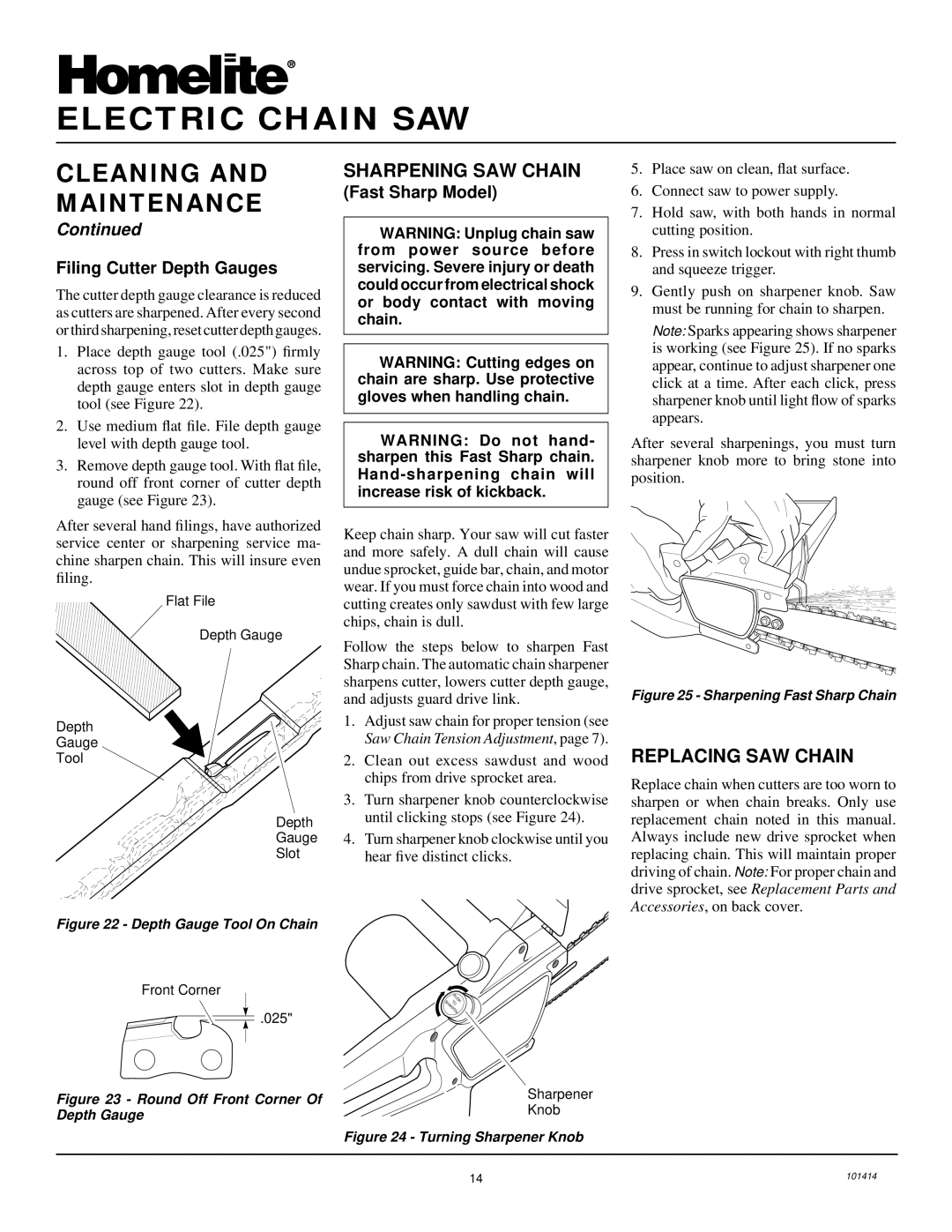 Homelite EL14 owner manual Replacing SAW Chain, Filing Cutter Depth Gauges, Fast Sharp Model 