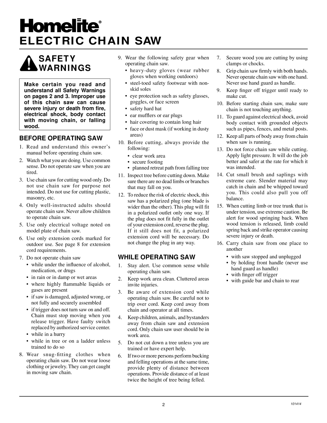 Homelite EL14 owner manual Safety, Before Operating SAW, While Operating SAW 