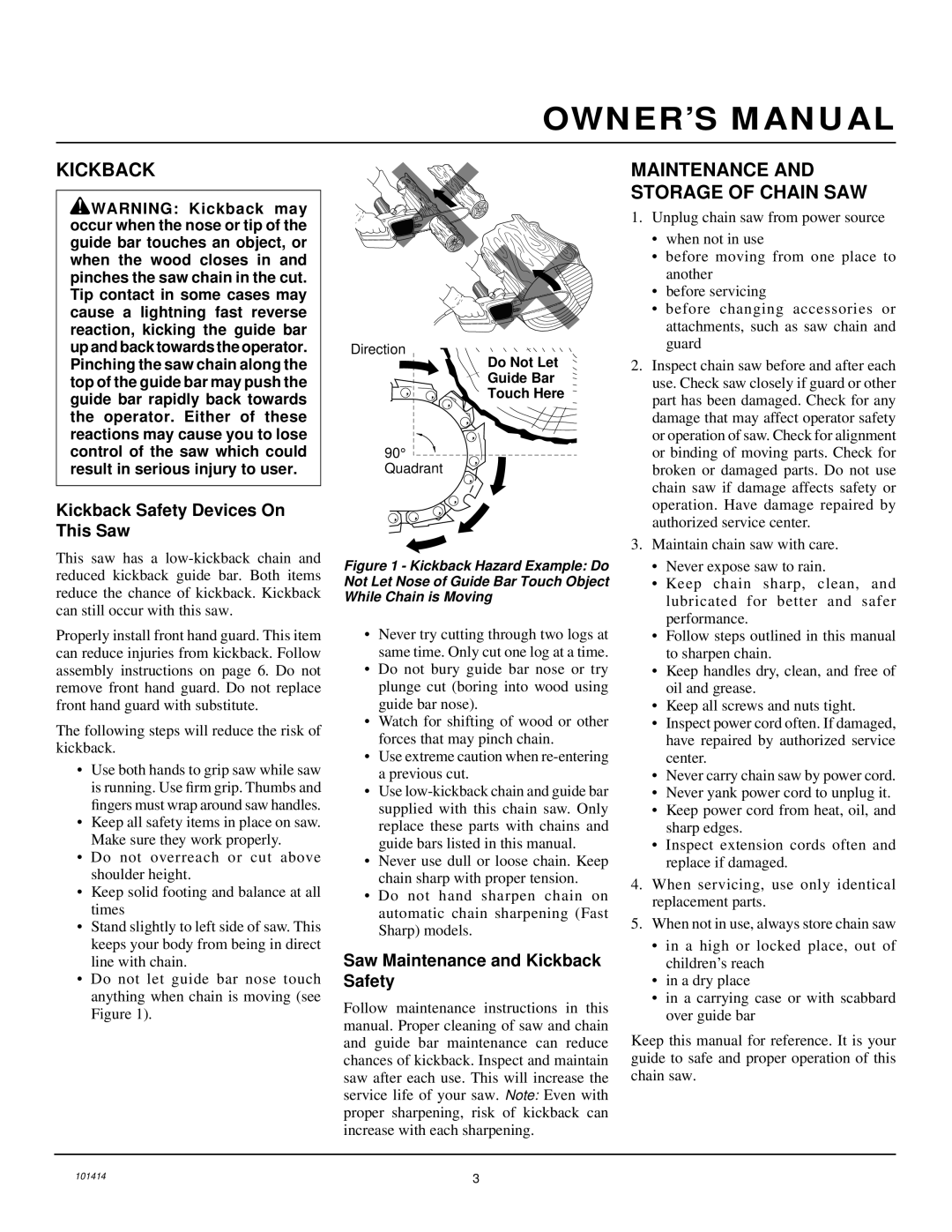 Homelite EL14 owner manual Maintenance and Storage of Chain SAW, Kickback Safety Devices On This Saw 