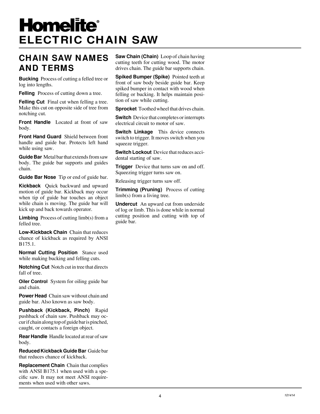 Homelite EL14 owner manual Chain SAW Names and Terms 