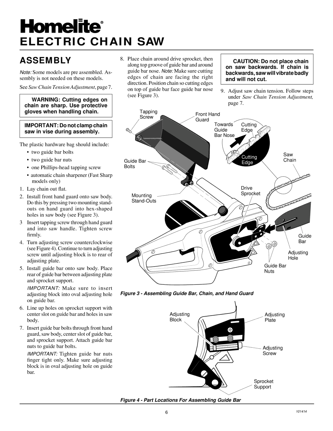 Homelite EL14 owner manual Assembly, See Saw Chain Tension Adjustment 