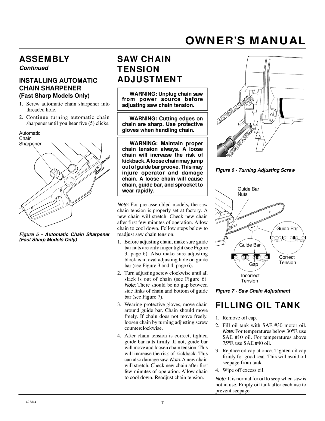 Homelite EL14 SAW Chain Tension Adjustment, Filling OIL Tank, Installing Automatic Chain Sharpener, Fast Sharp Models Only 