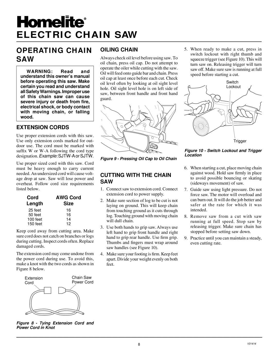 Homelite EL14 owner manual Operating Chain SAW, Extension Cords, Oiling Chain, Cutting with the Chain SAW, Cord AWG Cord 