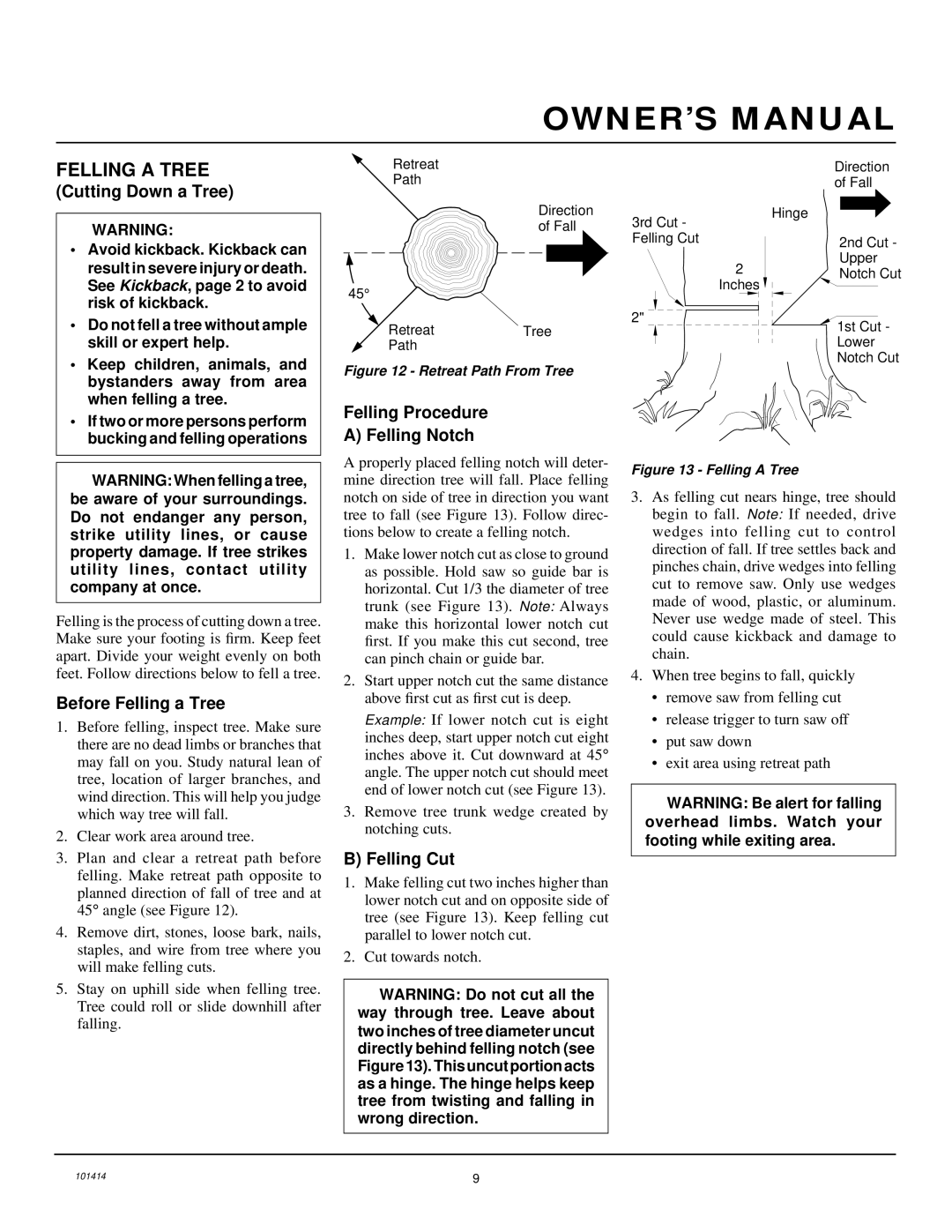 Homelite EL14 owner manual Cutting Down a Tree, Before Felling a Tree, Felling Procedure Felling Notch, Felling Cut 