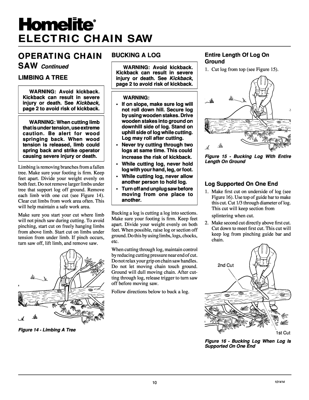 Homelite EL14 owner manual Operating Chain, Limbing A Tree, Bucking A Log, SAW Continued, Entire Length Of Log On Ground 