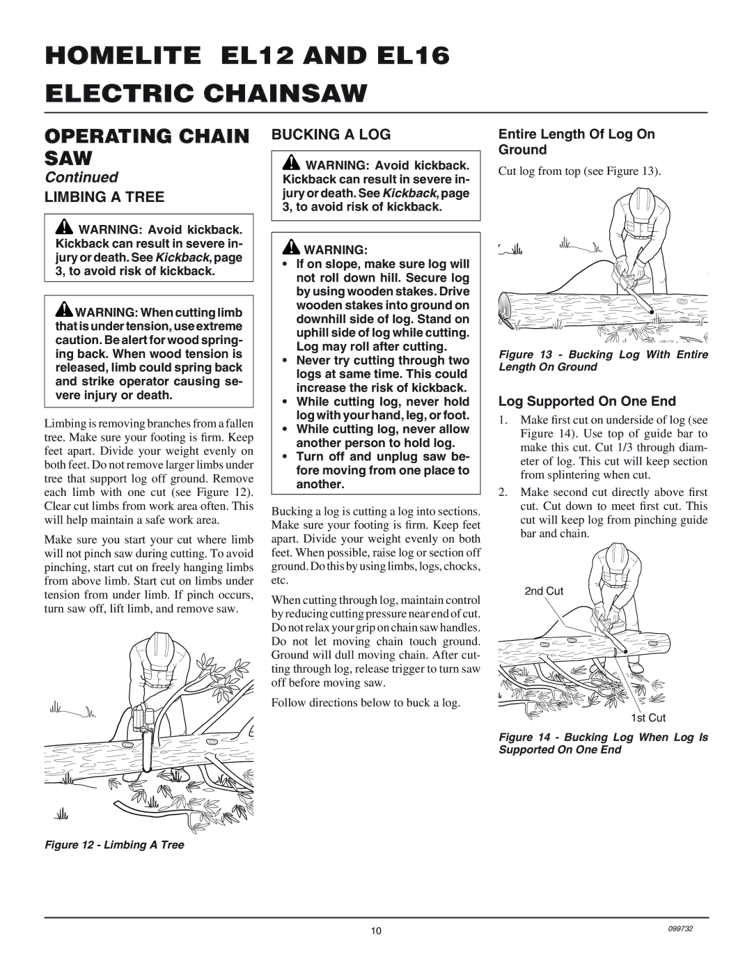 Homelite EL16, EL12 owner manual Limbing a Tree, Bucking a LOG, Entire Length Of Log On Ground, Log Supported On One End 