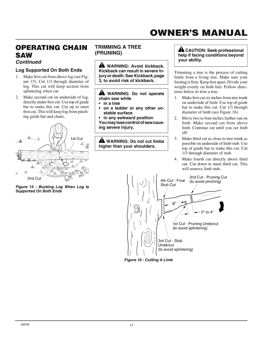 Homelite EL12, EL16 owner manual Trimming a Tree Pruning, Log Supported On Both Ends 