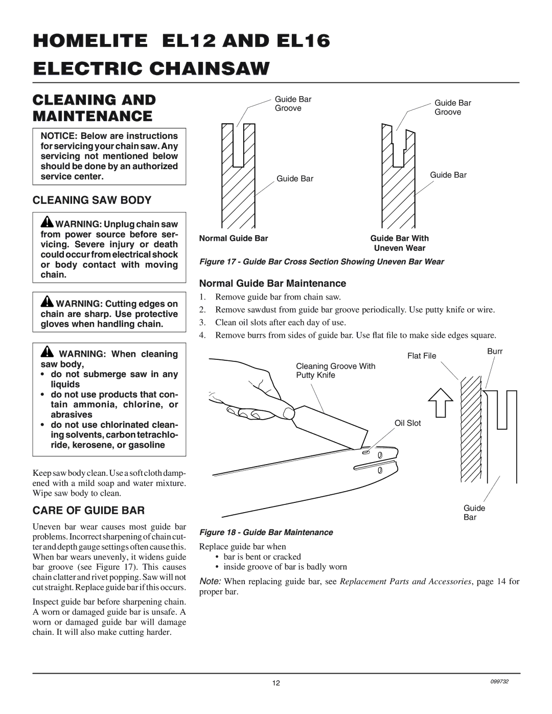 Homelite EL16, EL12 Cleaning and Maintenance, Cleaning SAW Body, Care of Guide BAR, Normal Guide Bar Maintenance 