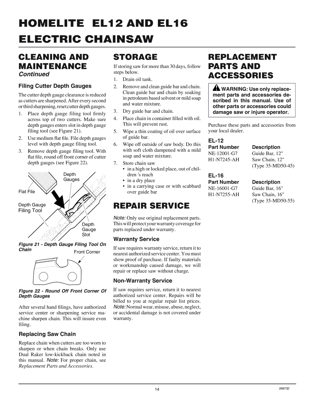 Homelite EL16, EL12 owner manual Storage, Repair Service, Replacement Parts and Accessories 