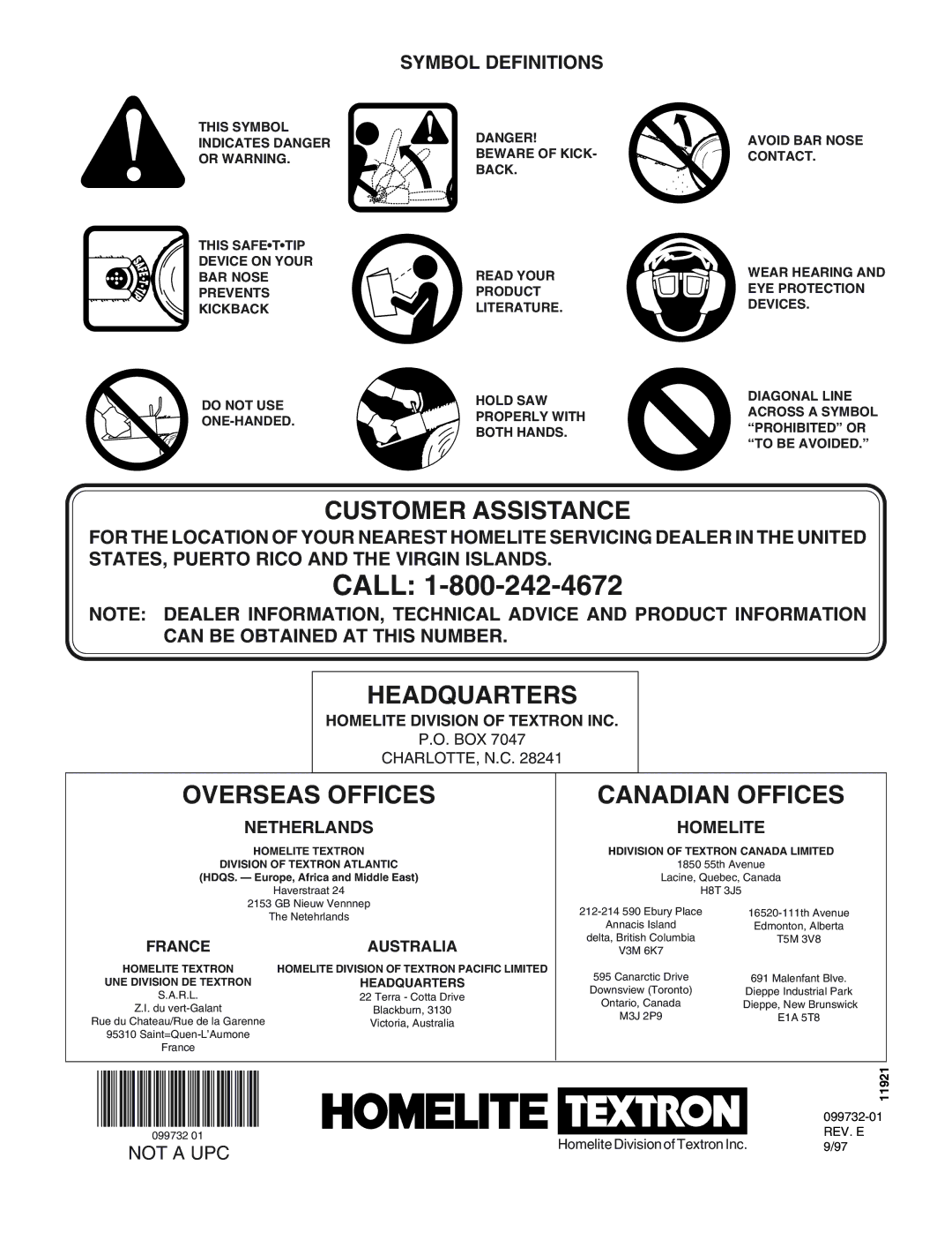 Homelite EL16, EL12 owner manual Customer Assistance, Headquarters, Overseas Offices Canadian Offices, Symbol Definitions 