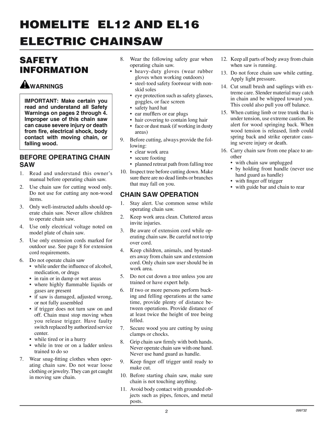 Homelite EL16, EL12 owner manual Safety Information, Before Operating Chain SAW, Chain SAW Operation 