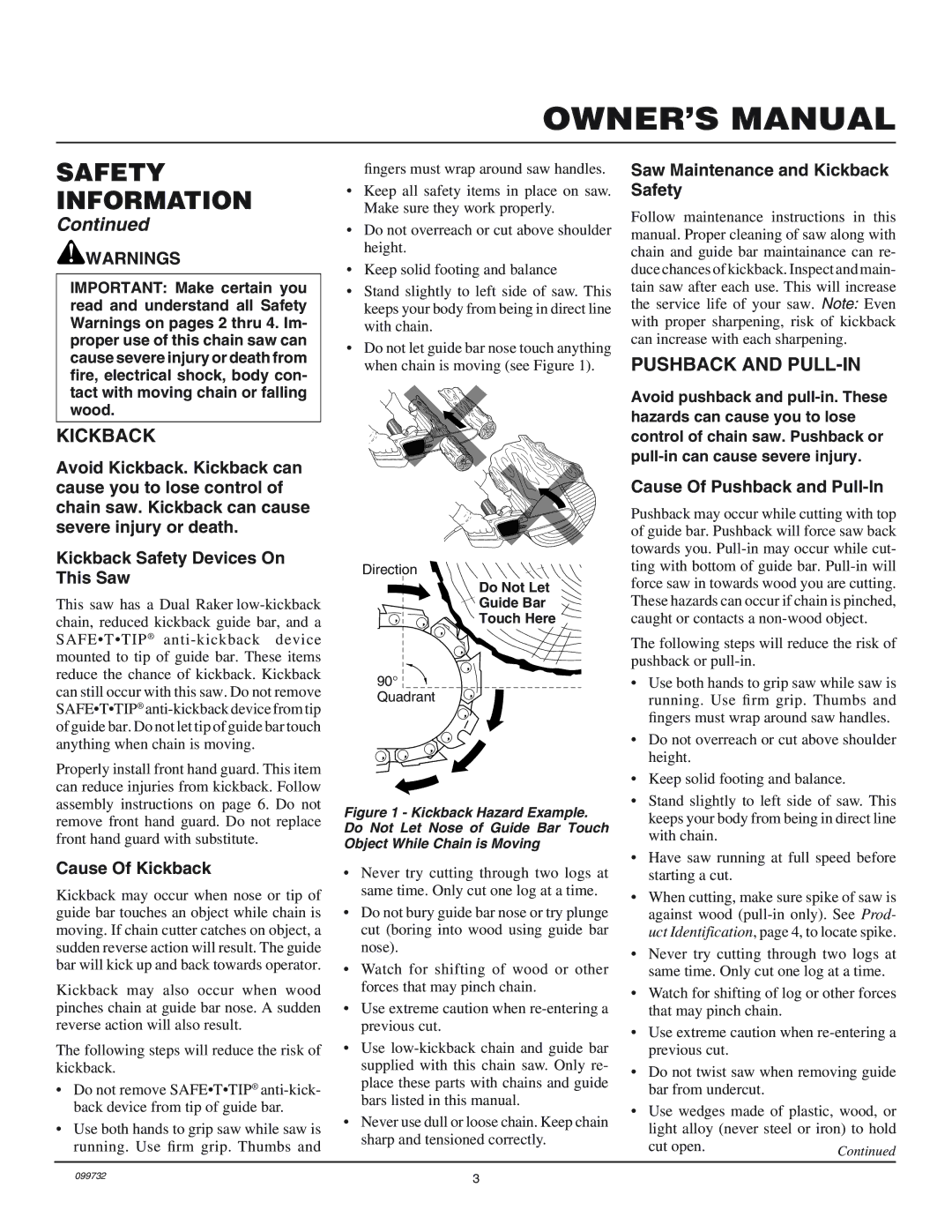 Homelite EL12, EL16 owner manual Pushback and PULL-IN, Cause Of Kickback, Saw Maintenance and Kickback Safety 