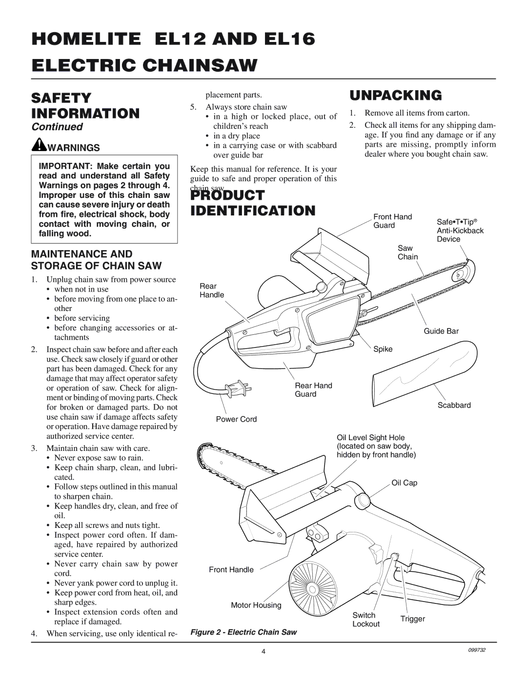 Homelite EL16, EL12 owner manual Unpacking, Product Identification, Maintenance and Storage of Chain SAW 