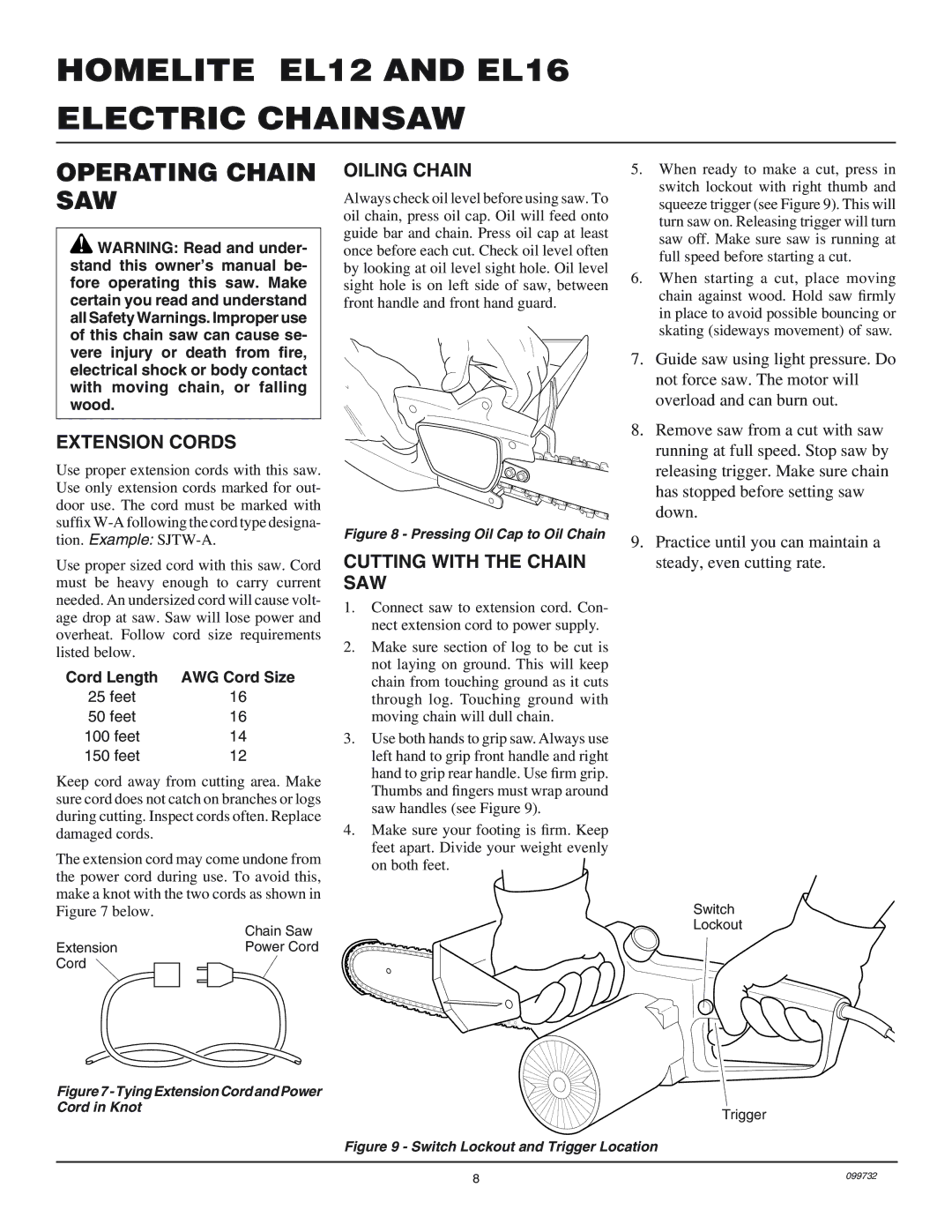 Homelite EL16, EL12 owner manual Operating Chain SAW, Extension Cords, Oiling Chain, Cutting with the Chain SAW 