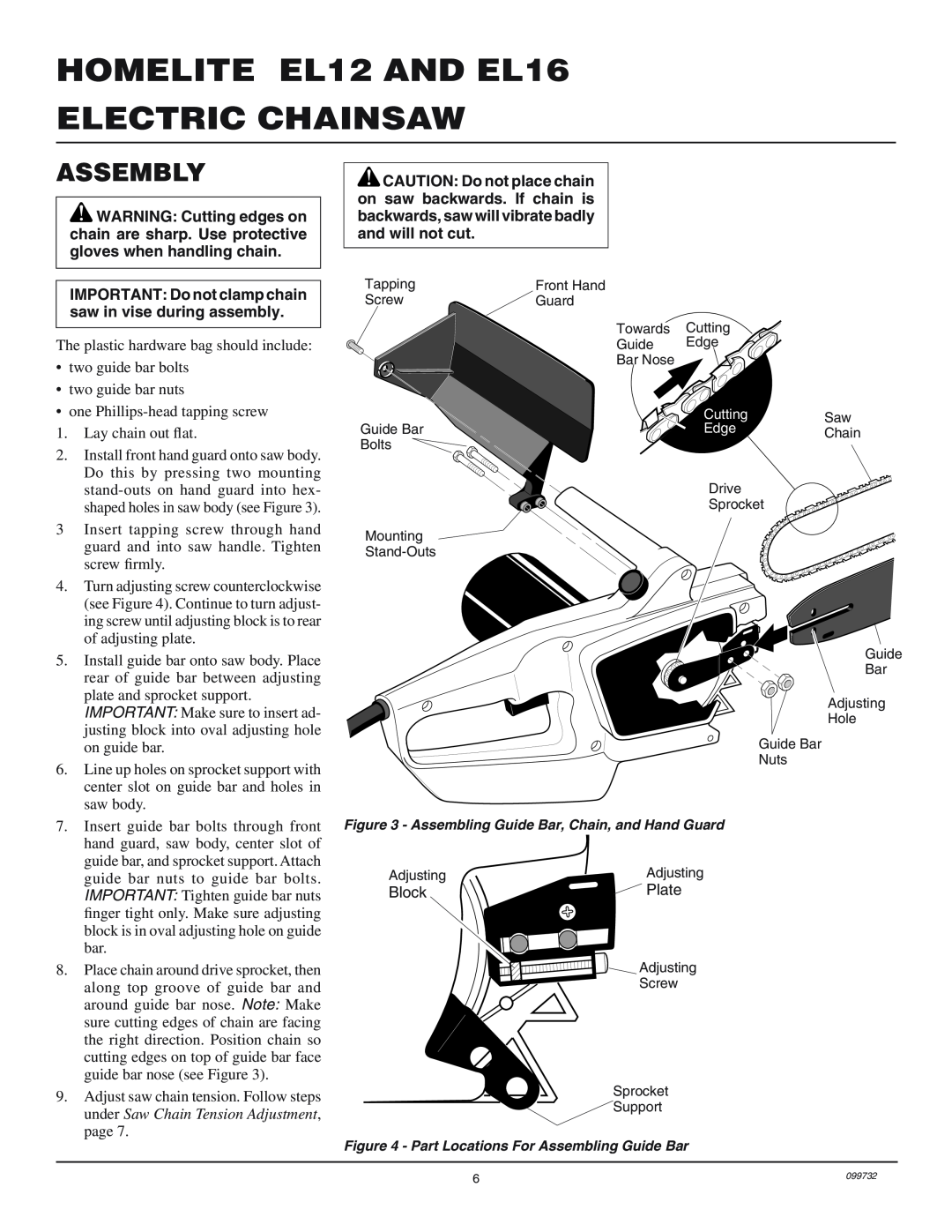 Homelite owner manual Assembly, HOMELITE EL12 AND EL16 ELECTRIC CHAINSAW 