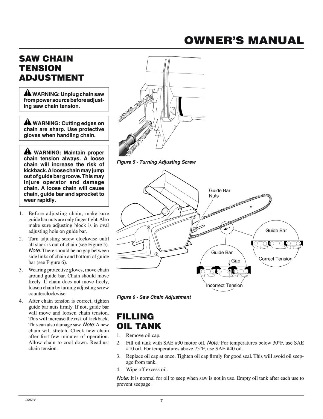 Homelite EL12, EL16 owner manual Saw Chain Tension Adjustment, Filling Oil Tank 