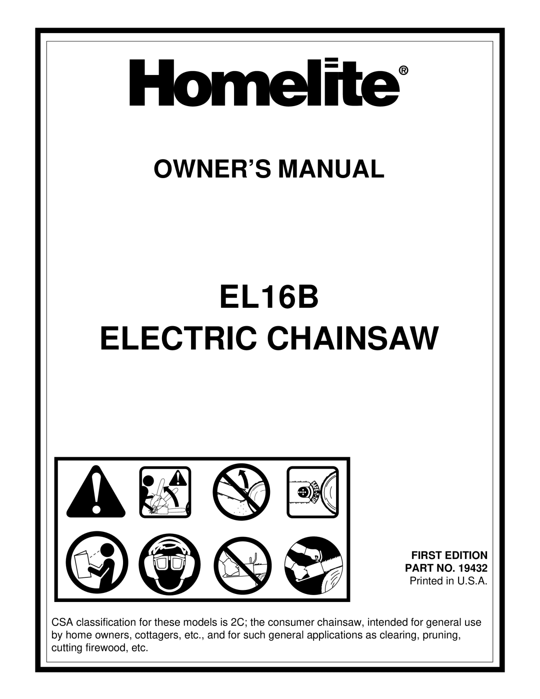 Homelite owner manual EL16B Electric Chainsaw 