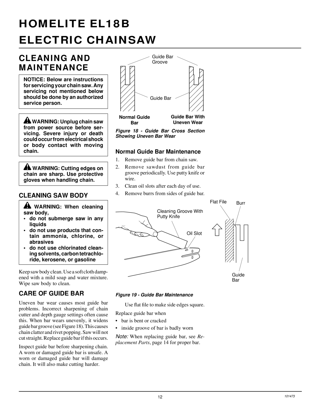 Homelite EL16B owner manual Cleaning and Maintenance, Cleaning SAW Body, Care of Guide BAR, Normal Guide Bar Maintenance 