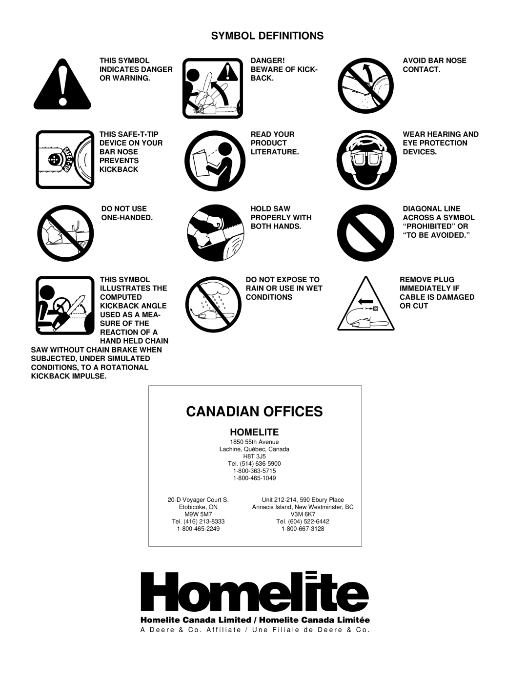 Homelite EL16B owner manual Canadian Offices, Symbol Definitions 