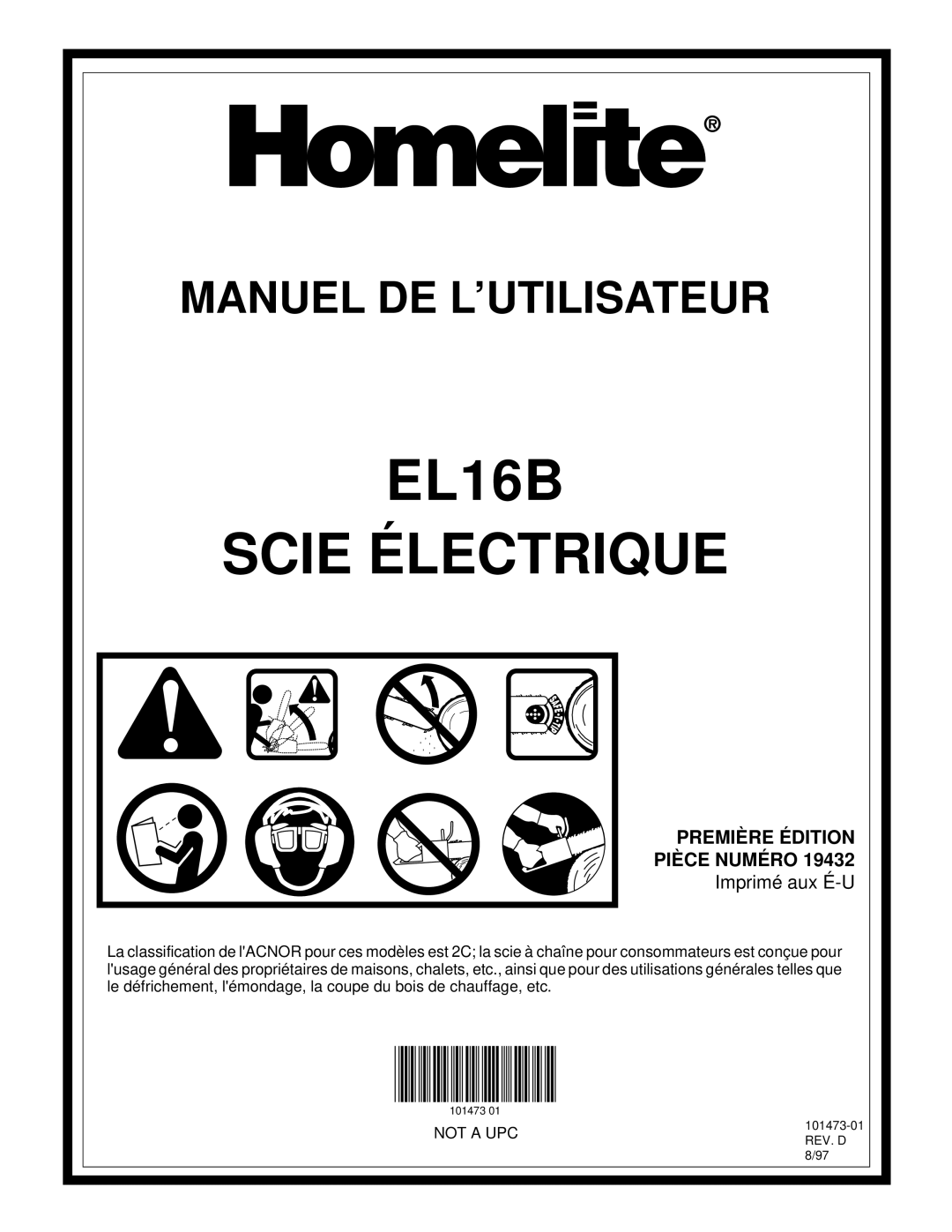 Homelite owner manual EL16B Scie Électrique, Première Édition Pièce Numéro 