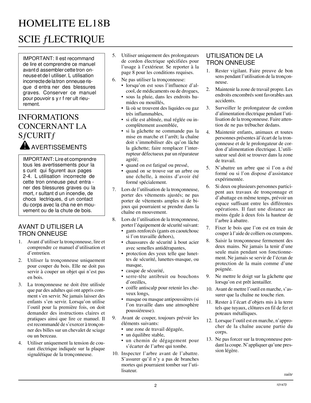 Homelite EL16B owner manual Informations Concernant LA Sécurité, Avertissements, Avant D’UTILISER LA Tronçonneuse 