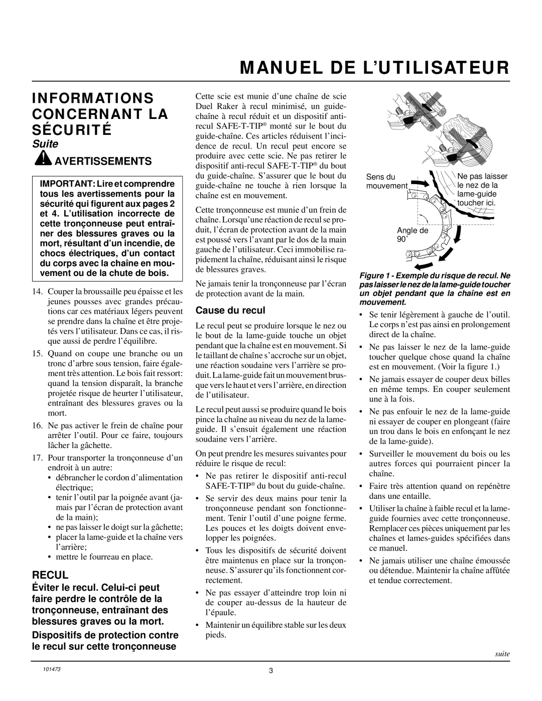 Homelite EL16B owner manual Recul, Cause du recul, Vement ou de la chute de bois 