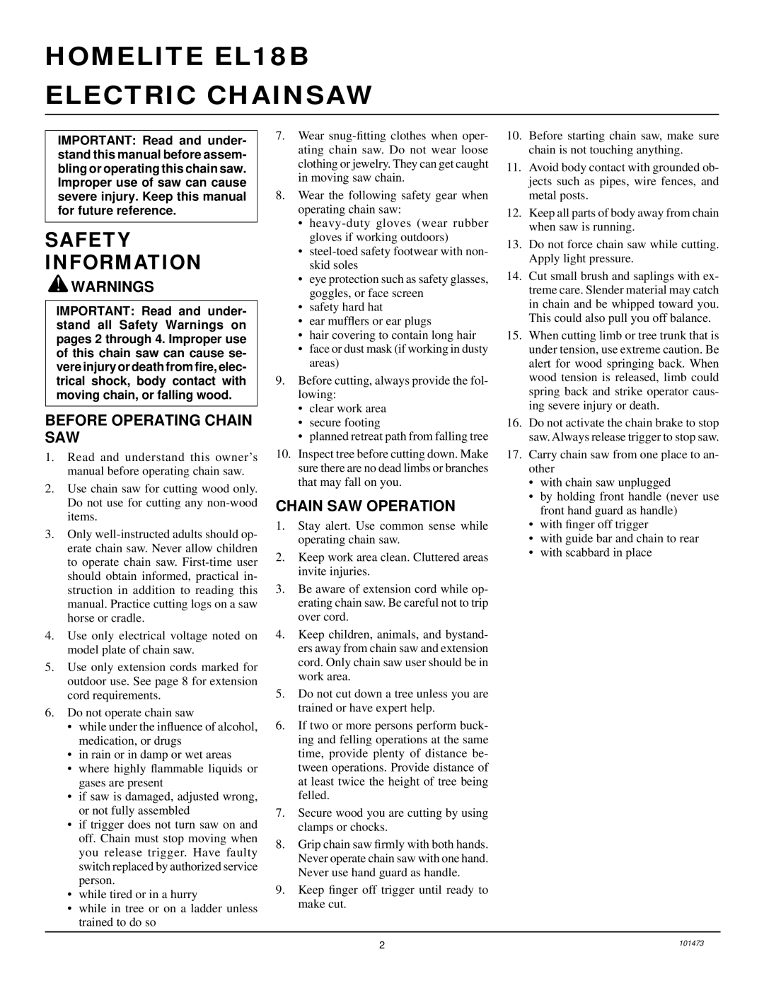 Homelite EL16B owner manual Safety Information, Before Operating Chain SAW, Chain SAW Operation 