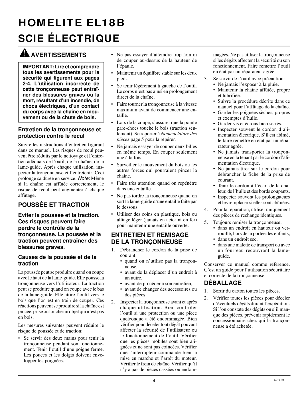 Homelite EL16B owner manual Poussé E ET Traction, Entretien ET Remisage DE LA Tronç Onneuse, DÉ Ballage 