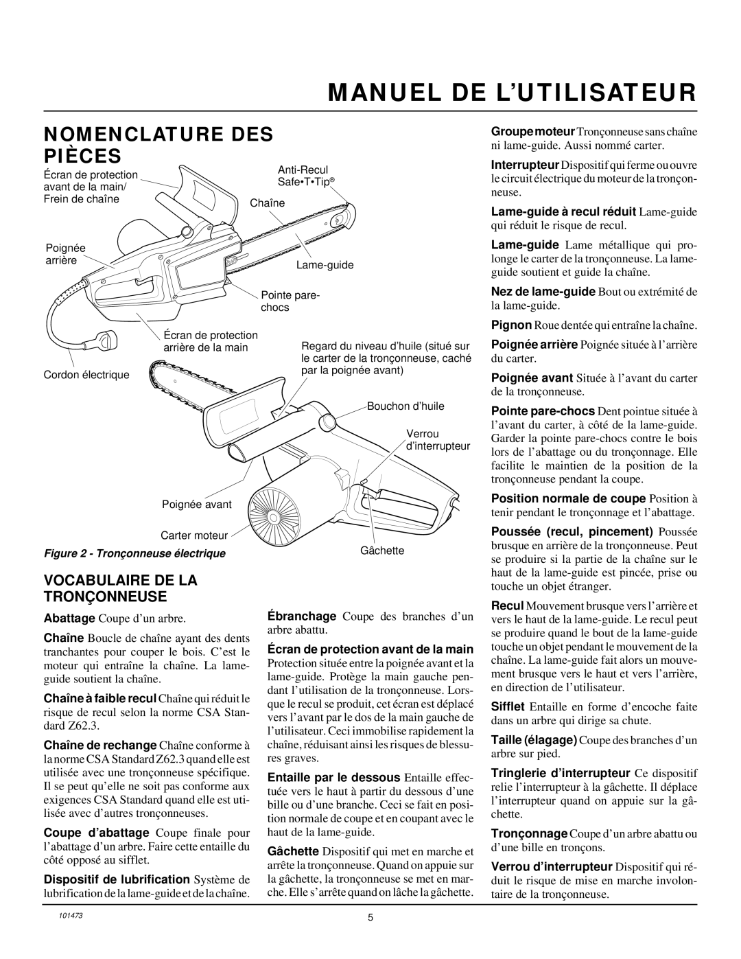 Homelite EL16B owner manual Nomenclature DES Pièces, Vocabulaire DE LA Tronç Onneuse, Cran de protection avant de la main 