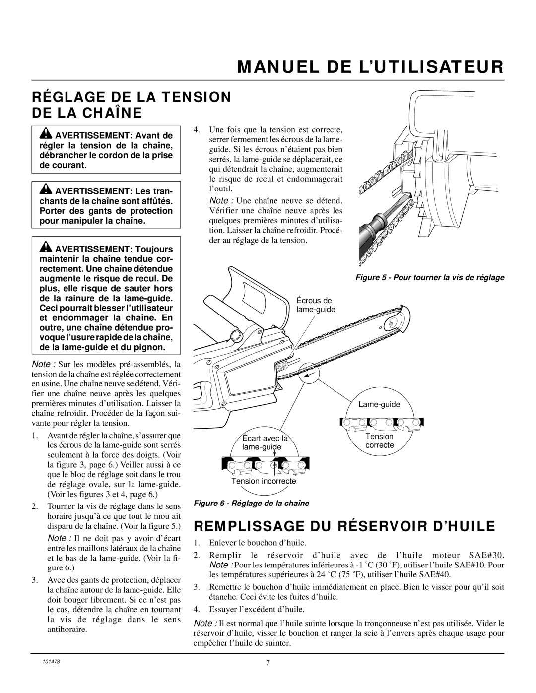 Homelite EL16B owner manual Réglage DE LA Tension DE LA Chaîne, Remplissage DU Réservoir D’HUILE 