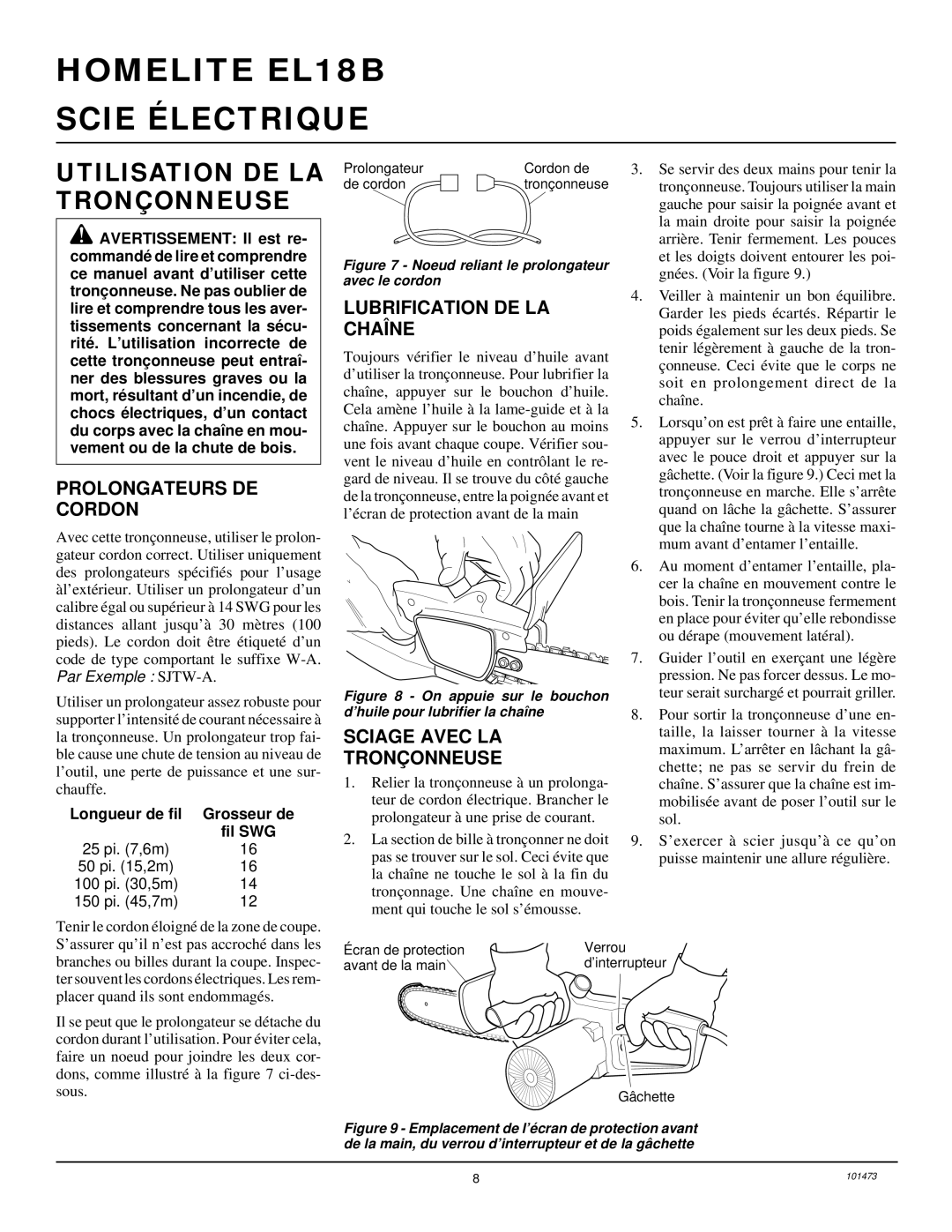 Homelite EL16B owner manual Utilisation DE LA Tronçonneuse, Prolongateurs DE Cordon, Lubrification DE LA Chaîne 