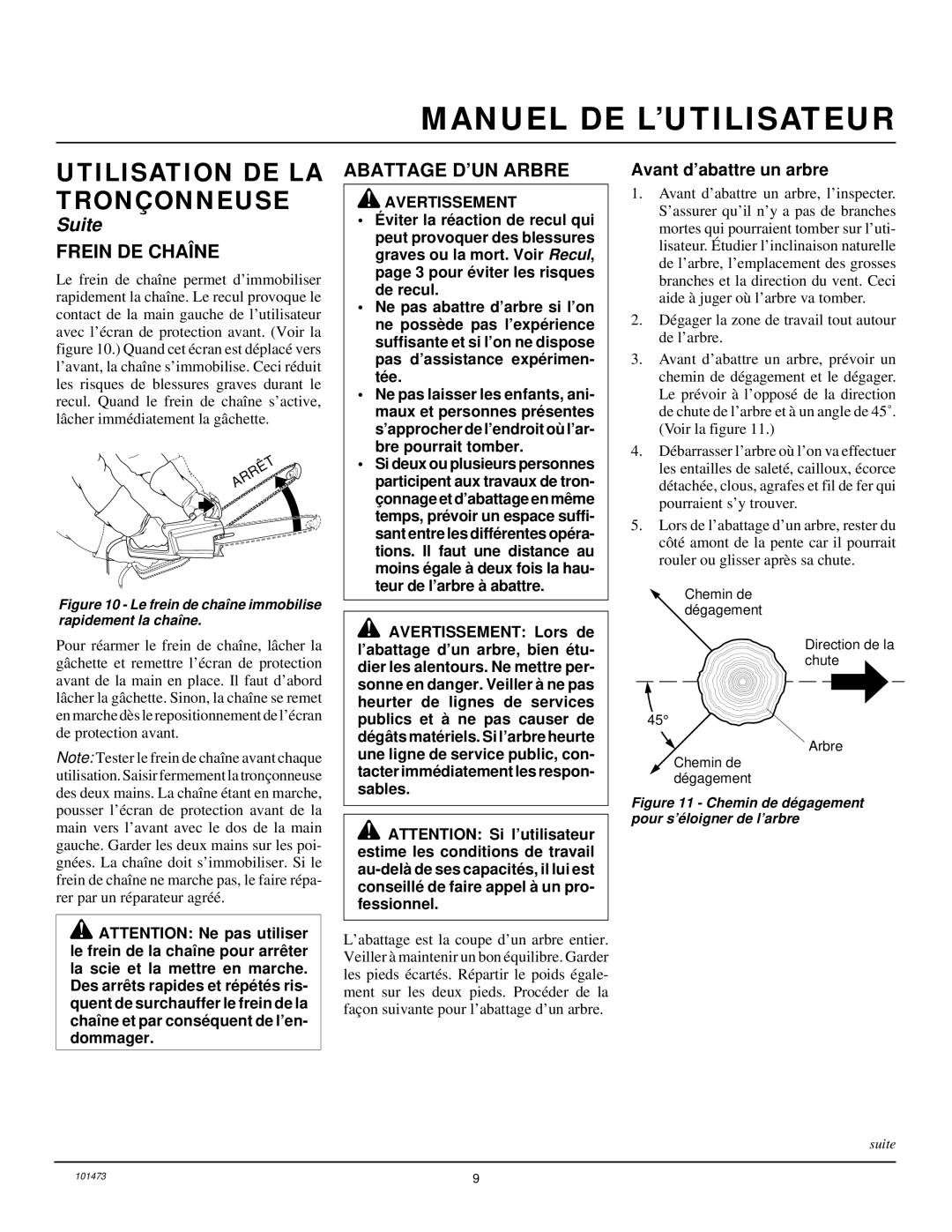 Homelite EL16B owner manual Frein DE Chaîne, Abattage D’UN Arbre, Avant d’abattre un arbre 