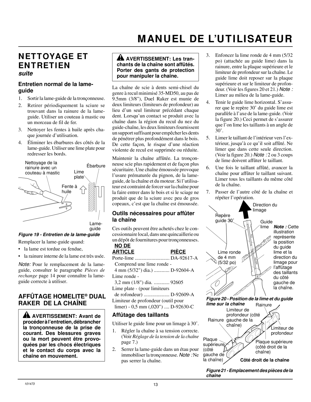 Homelite EL16B Affû Tage Homelite Dual Raker DE LA Chaîne, Entretien normal de la lame- guide, Affû tage des taillants 