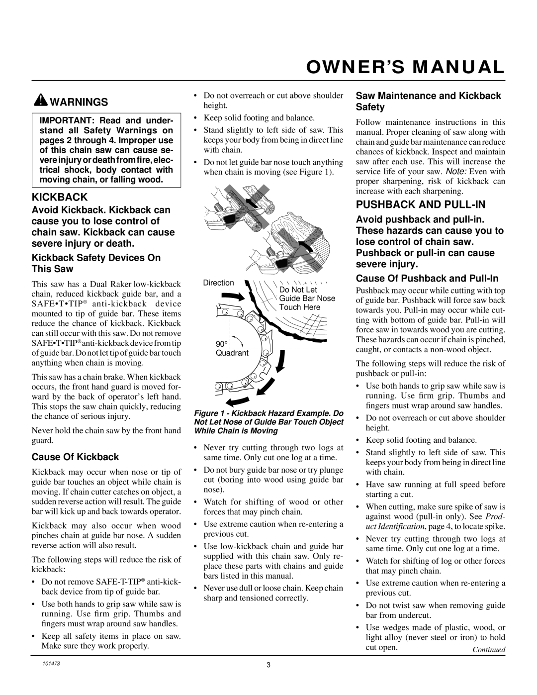 Homelite EL16B owner manual Pushback and PULL-IN, Saw Maintenance and Kickback Safety, Cause Of Kickback 