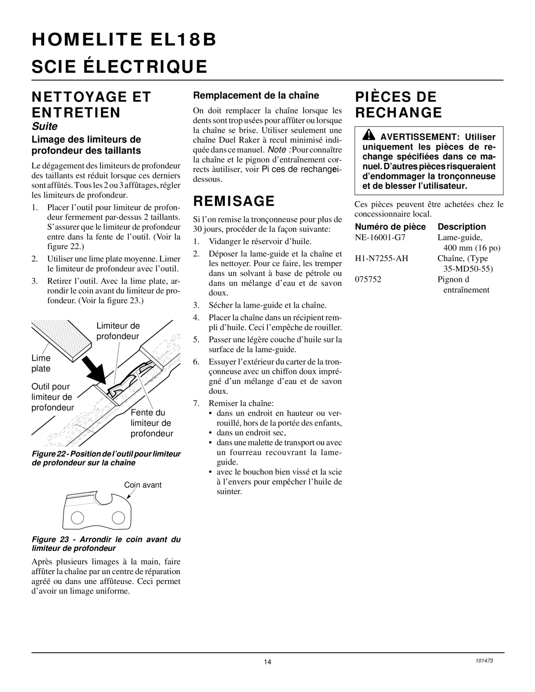 Homelite EL16B Remisage, Pièces DE Rechange, Limage des limiteurs de profondeur des taillants, Remplacement de la chaîne 