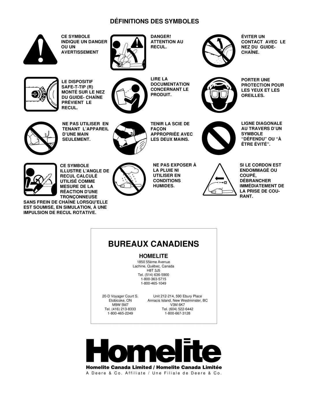 Homelite EL16B owner manual Bureaux Canadiens, DÉ Finitions DES Symboles 