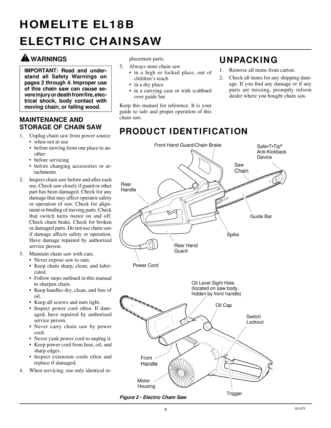 Homelite EL16B owner manual Unpacking, Product Identification, Maintenance and Storage of Chain SAW 