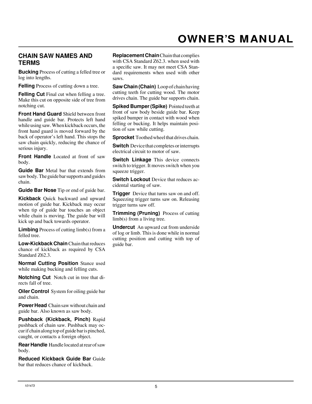 Homelite EL16B owner manual Chain SAW Names and Terms 