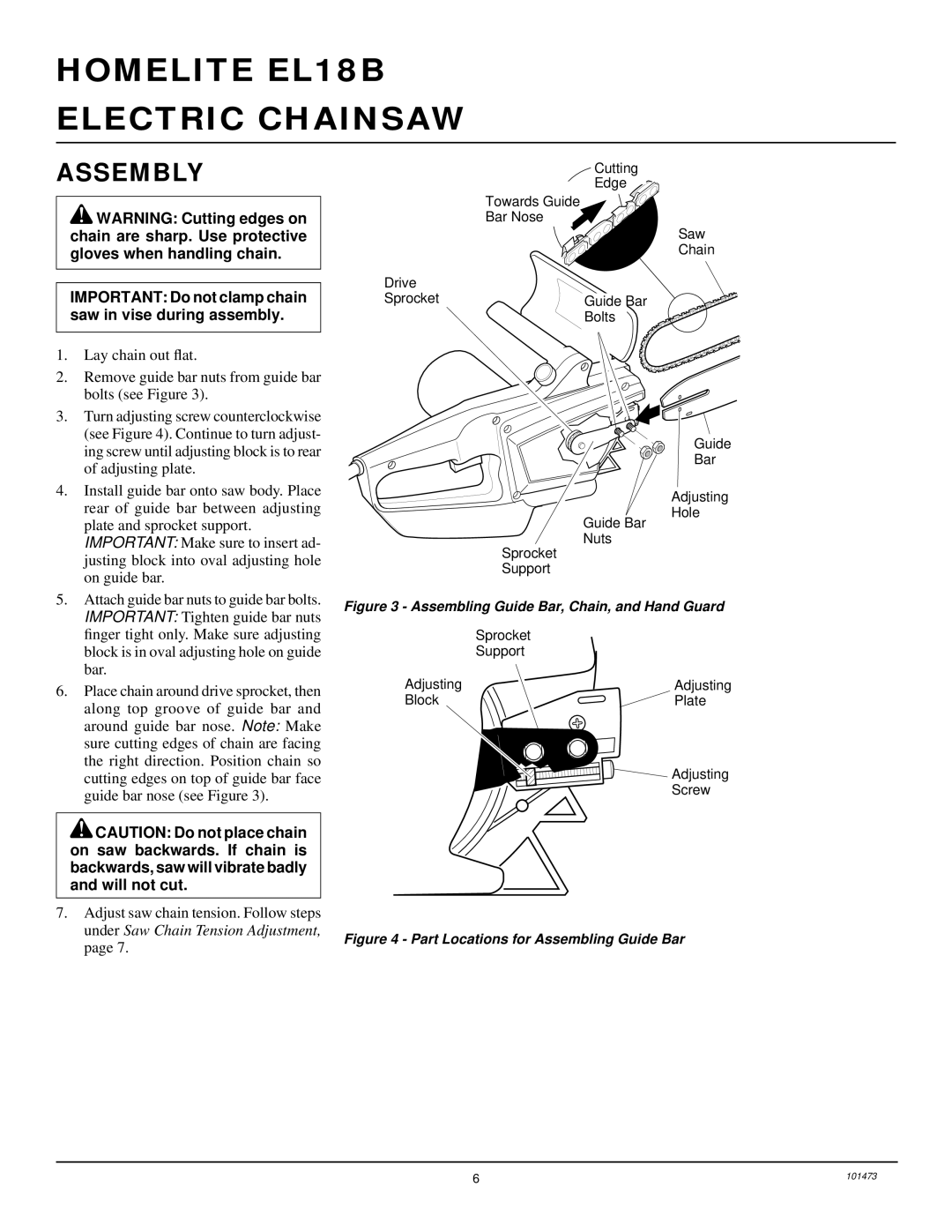 Homelite EL16B owner manual Assembly, Important Do not clamp chain saw in vise during assembly 