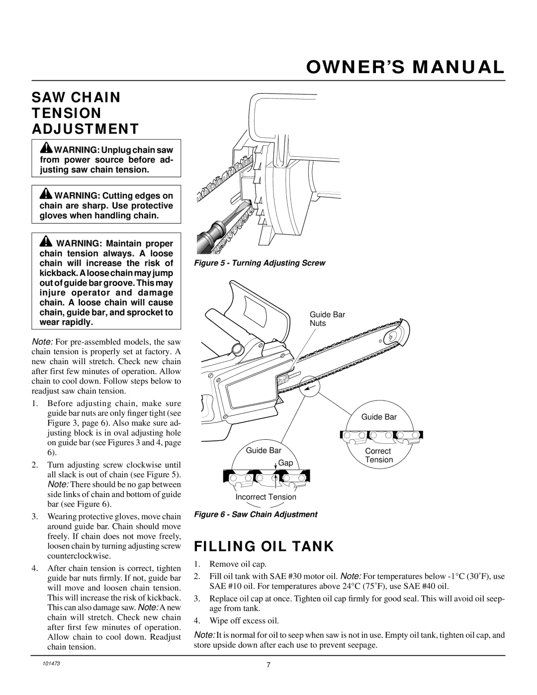 Homelite EL16B owner manual SAW Chain Tension Adjustment, Filling OIL Tank 