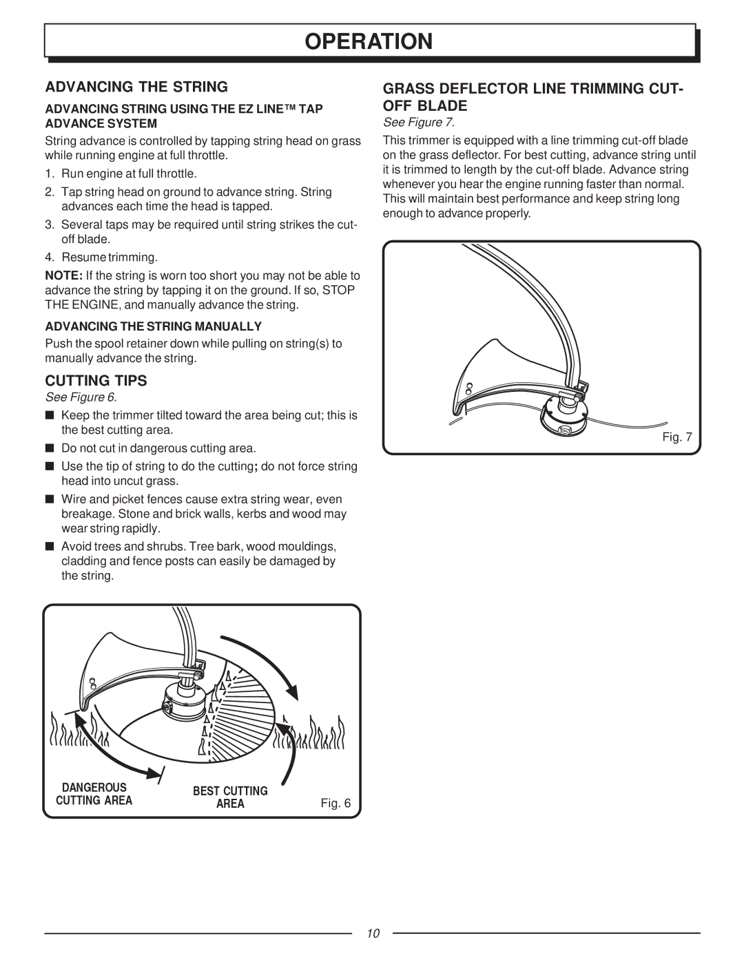 Homelite F2020, UT70121 manual Operation, Advancing the String, Cutting Tips, Grass Deflector Line Trimming CUT- OFF Blade 