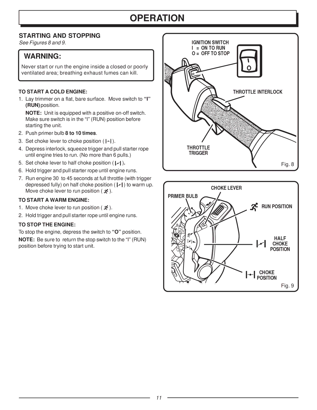 Homelite UT70121, F2020 manual Starting and Stopping, To Start a Cold Engine, To Start a Warm Engine, To Stop the Engine 