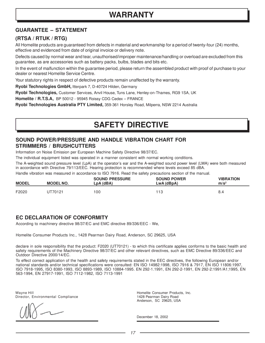 Homelite UT70121, F2020 Warranty, Safety Directive, Guarantee Statement Rtsa / Rtuk / RTG, EC Declaration of Conformity 