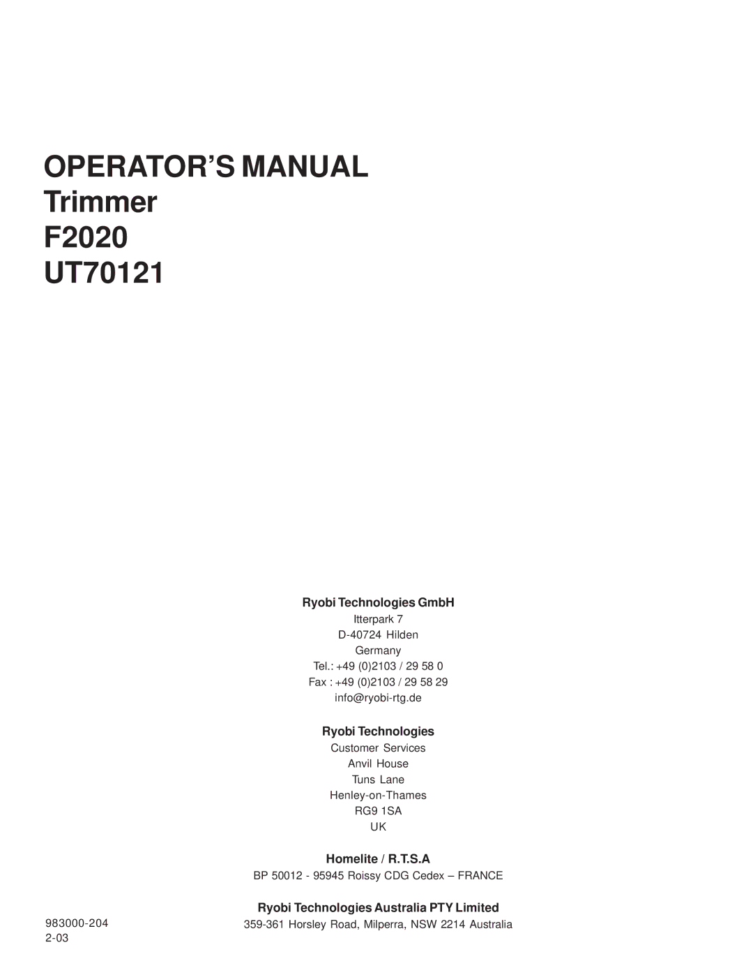 Homelite F2020, UT70121 manual Ryobi Technologies GmbH 